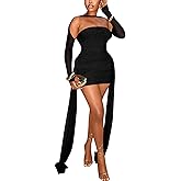 Women’s Sexy Strapless Bandage Tube Top Mini Dress Mesh Halter Long Sleeves Ruched Bodycon Cocktail Birthday Slim Short Dress