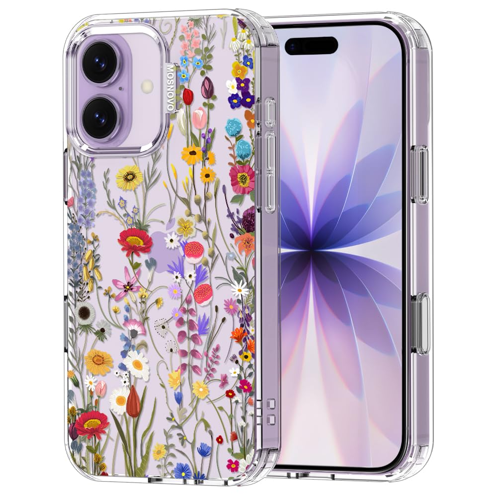 MOSNOVO for iPhone 17 Case | Military Grade 6.6ft Drop Tested | Camera Control | Clear with Wildflower Meadow Design Image