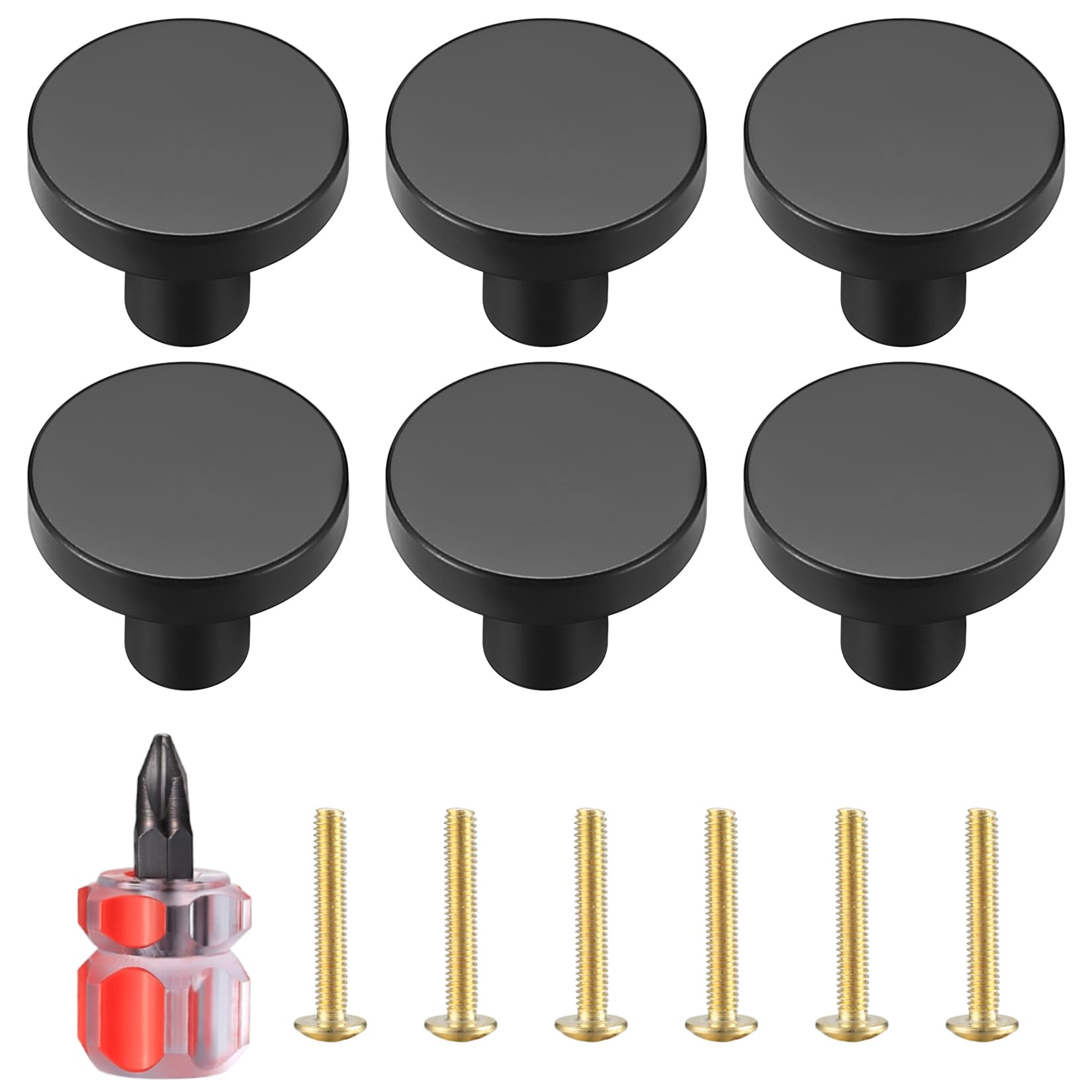 Black Brass Drawer Knobs, Round Kitchen Cabinet Pulls Door Knobs for Chest of Drawers Furniture Cupboard Dresser Wardrobe Door Handles and Knobs, with Screws and Screwdriver - 20x25 mm (6 Pcs)