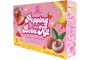 LADY BOBA Popping Bubble Tea Kit | Popping Boba Kit | Bursting Boba Kit | DIY Popping Boba Kit | Flavors: Strawberry + Lychee Green Tea or Passion Fruit + Mango Green Tea | 3 / 6 / 9 Servings (1pk, Strawberry Lychee Green)