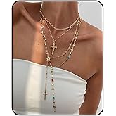 Layered Cross Necklace Set for Women – Gold Multi Strand Rosary Chain with Colorful Beads, Adjustable Faith Choker Long Pendant Statement Necklace,Trendy Festival Jewelry Accessory