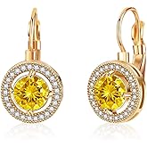 Austrian Crystal Halo Round Drop Leverback Earrings for Women 14K Rose Gold Plated Hypoallergenic Jewelry