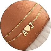 Turandoss 2 Initial Heart Bracelets for Women – Dainty Layered 14K-Gold-Plated Heart Letter A-Z Charm Bracelets, Birthday Gifts for Women Girls Mom Daughter Jewelry