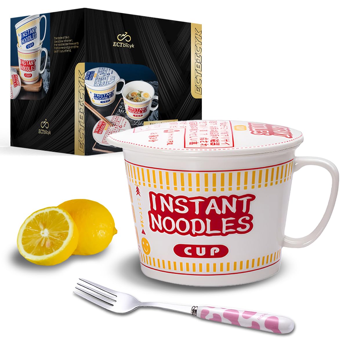 ECTbicyk 1000ml Ceramic Noodle Bowl with Lid Big Ramen Bowl Set with Fork Large Soup Mug with Handle Cute Cereal Cup Noodles Bowl Red Microwave Safe