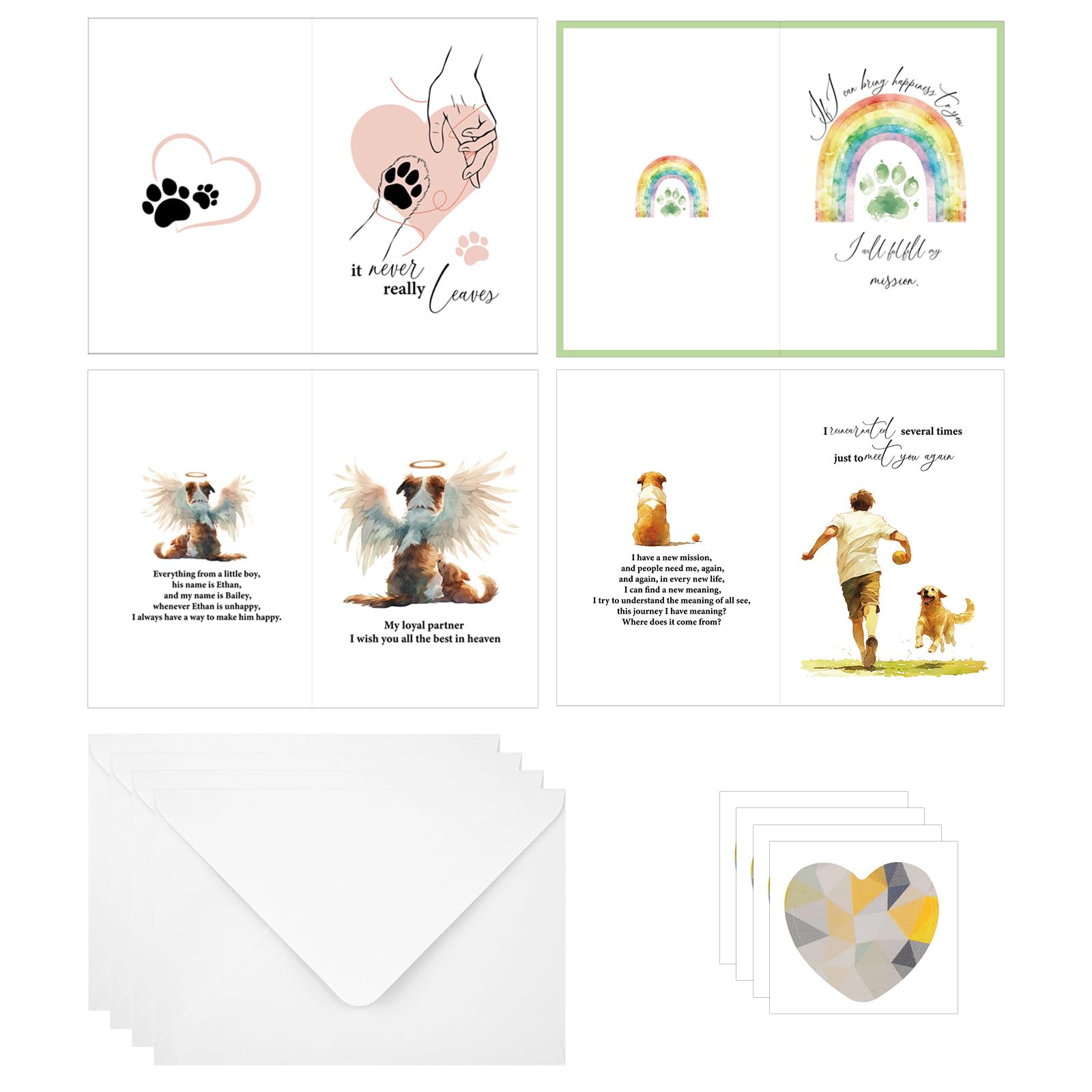 20pcs Pet Sympathy Cards, 4 Style Dog Sympathy Cards Claw Print Rainbow Angel Buddy Style Bereavement Card with Envelope Sorry for Your Loss of Dog Memorial Condolences Gift for Family Friends