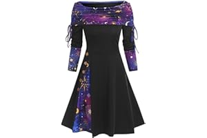 QUFECH Women's Fall Dresses 2023 Convertible Neck Cinched Striped Flare A Line Dress Long Sleeve christmas dresses