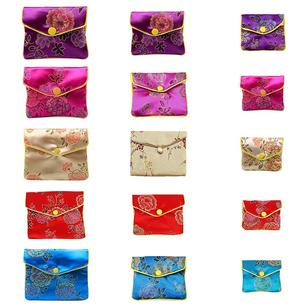NBEADS 15 Pieces Silk Embroidery Pouch, 3 Sizes Chinese Traditional Brocade Pouch Jewelry Bag for Jewelry, Wedding Gift Package