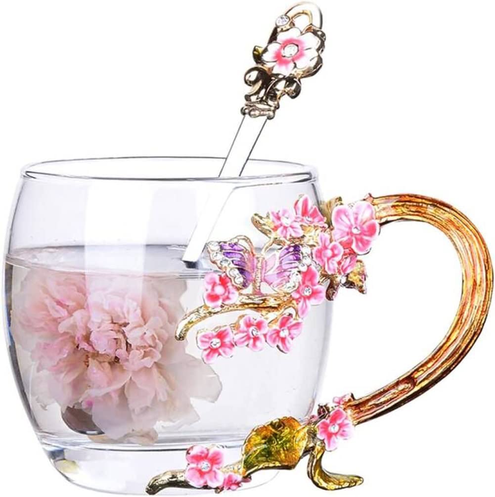 YBK Tech Creative Flower Glass Mug, Crystal Glass Tea Cup in Presentation Box- Plum Blossom (Pink, Small (320ml))