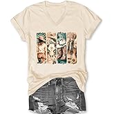 Western Country Shirt for Women Cowgirl Cartoon Boots V Neck Short Sleeve Tops Vintage Cowboy Graphic Tees
