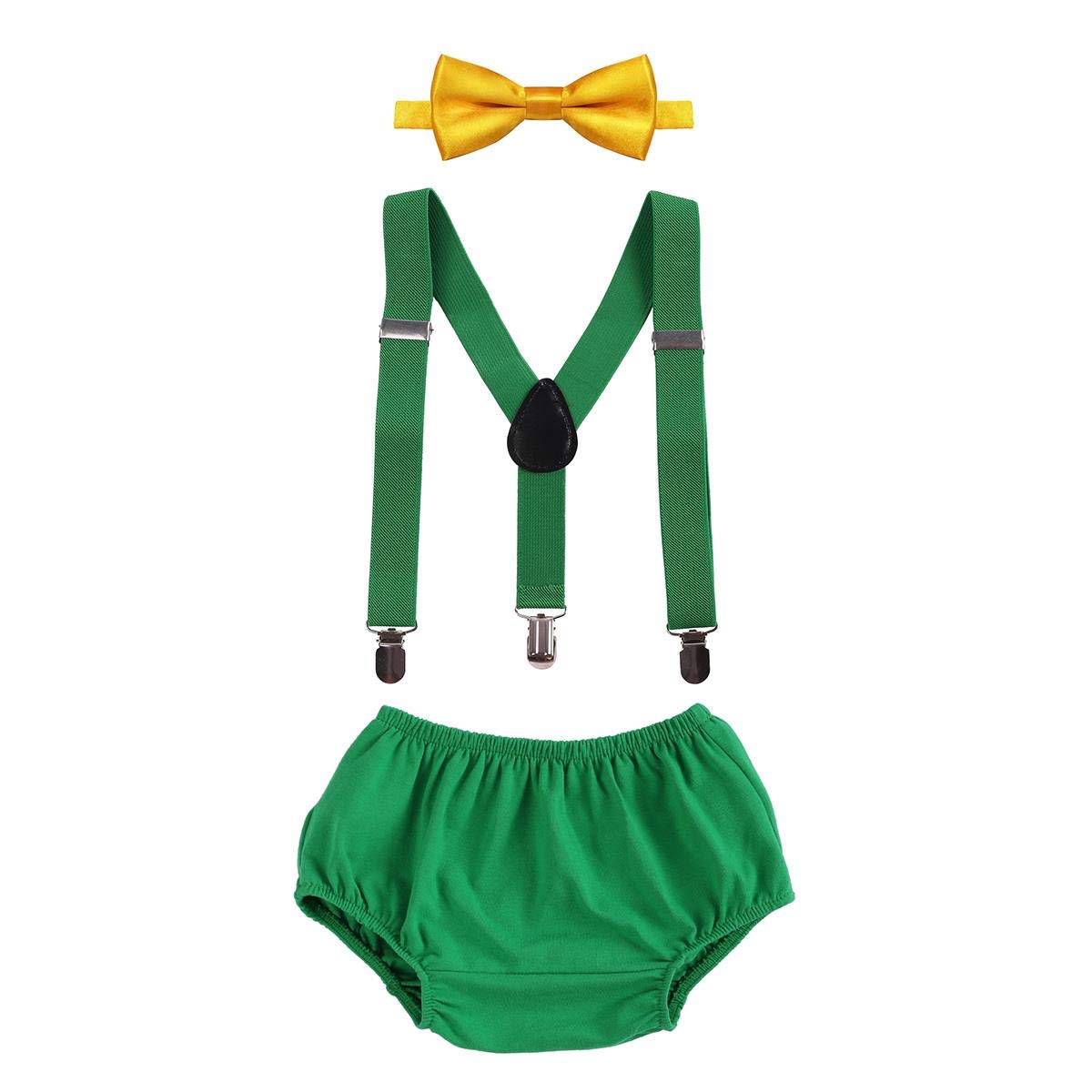 Infant Baby Boy 1st First Birthday Cake Smash Outfit Halloween Christmas Cartoon Costume Y-back Suspenders Bow Tie Bloomer Dipaer Cover Shorts Pants 3pcs Set Photo Props Green 02 One Size