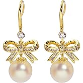 MIKAMU 14K Gold Ribbon Bow Stud Earrings for Women CZ cubic zirconia Gold Plated Dainty Pearl Earring for Women Jewelry (gold)