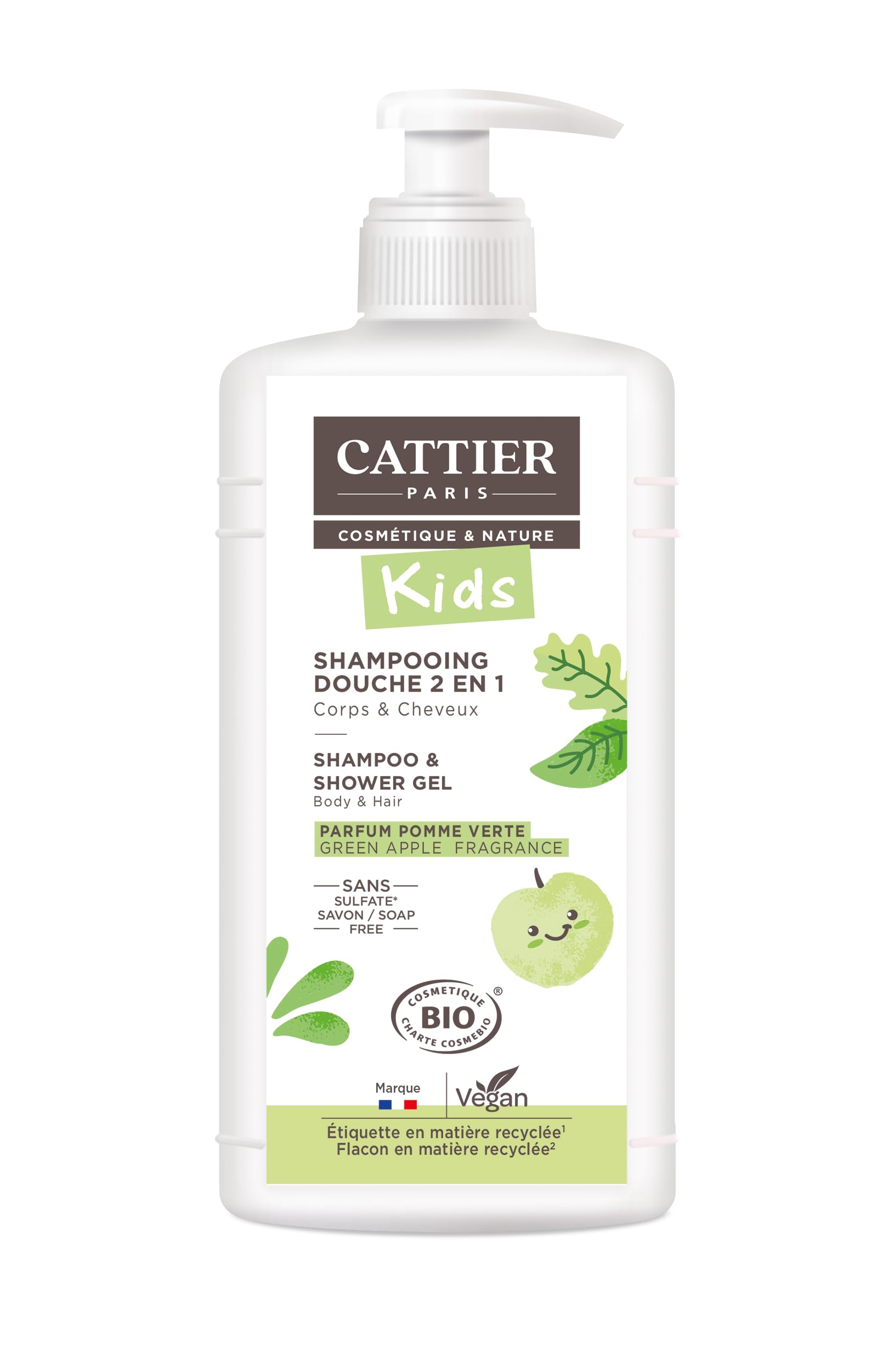 Cattier Kids Shampoo and Shower Gel Green Apple Fragrance Organic 500ml
