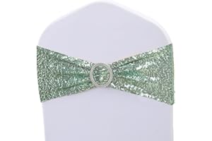 JFDYDM Sage Green Sequin Chair Sashes 50 Pack, Sage Spandex Chair Sashes Bands with Buckle Slider for Wedding Birthday Decor