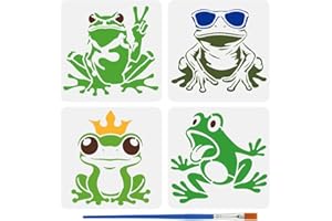 FINGERINSPIRE 4PCS Funny Frogs Stencils With 1Pc Brush 5.9x5.9 Inch Frog Wearing Sunglasses Stencil Frog Wearing a Crown Sten