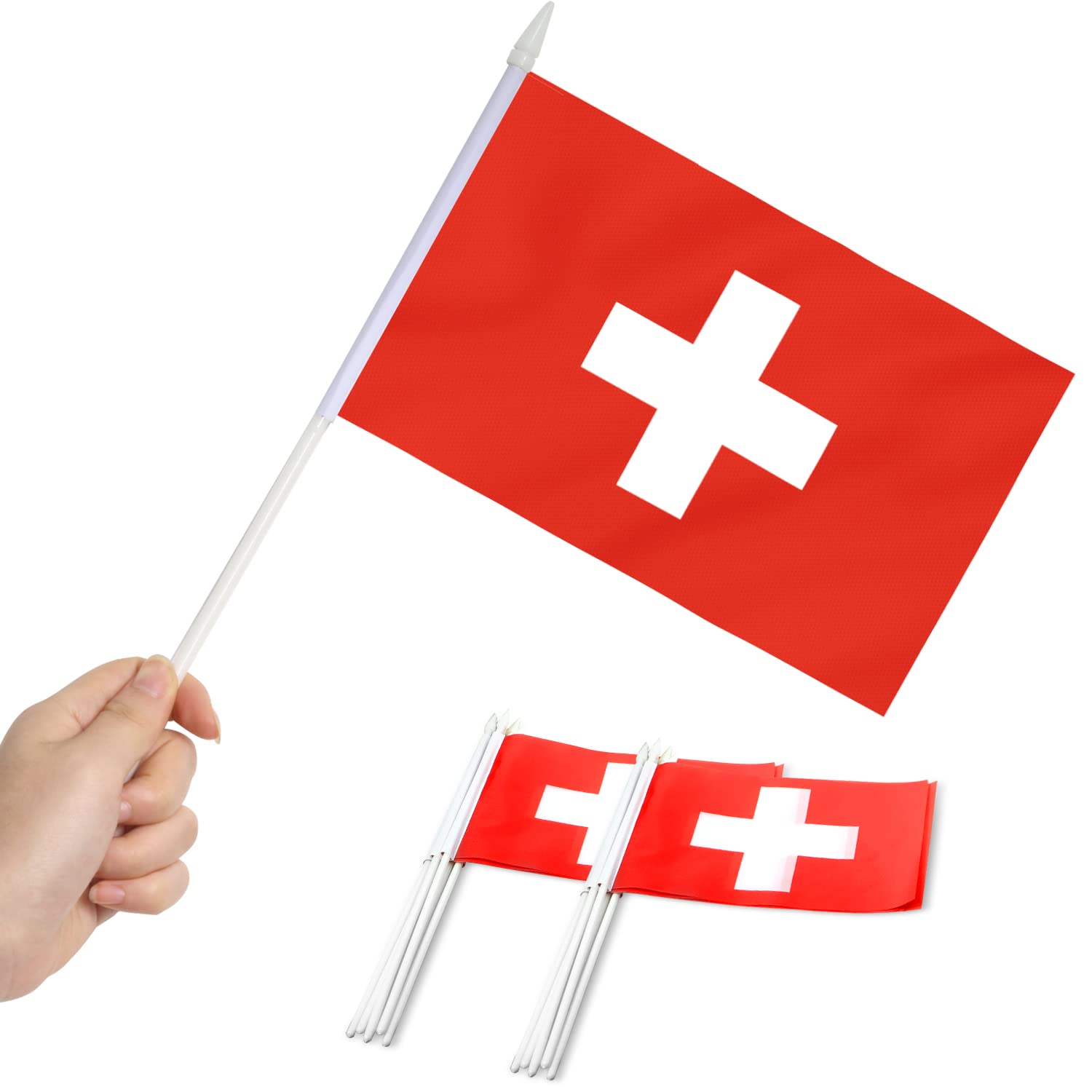 Anley Switzerland Mini Flag 12 Pack - Hand Held Small Miniature Swiss Flags on Stick - Fade Resistant & Vivid Colors - 5x8 Inch with Solid Pole & Spear Top