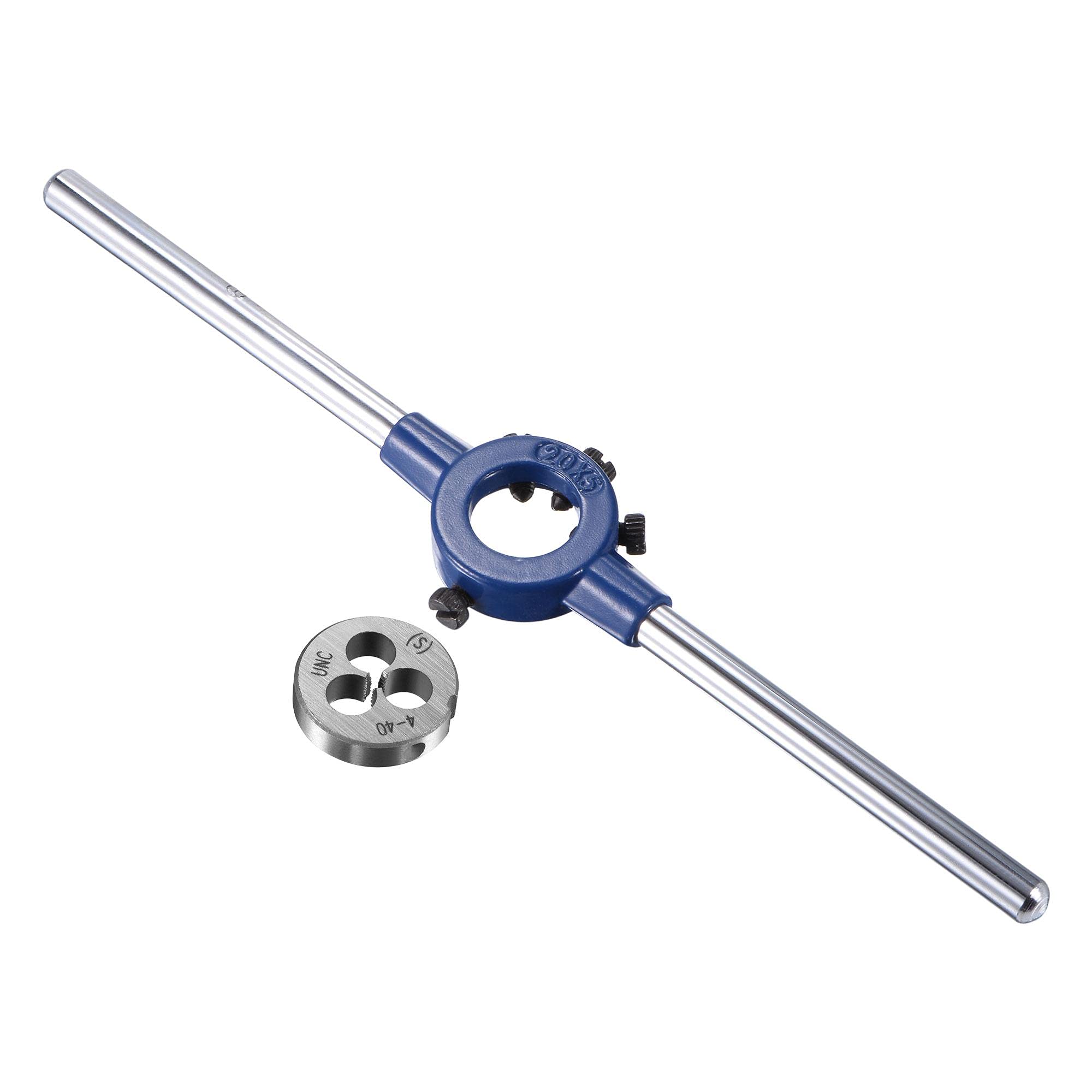 sourcing map Round Die Stock Handle Wrench Set, #4-40 UNC Threading Die and 20mm Die Holder (Fits: 11mm-20mm OD Die / M3-M4 Thread Die) Adjustable for Bolt Thread Repair