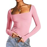 Dwnval Long Sleeve Shirts for Women - Basic Slim Fit Double Lined Square Neck Crop T Shirt