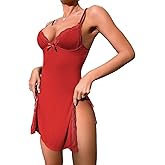 DITSONEO Womens Sexy Night Gowns Lace Trim Split Side Lingerie V Neck Sleep Dress Chemise Spaghetti Strap Nightwear