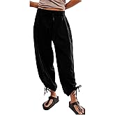 Aimiray Women's High Waisted Wide Leg Linen Pants Elastic Drawstring Casual Flowy Barrel Pants with Pockets(Black-L)