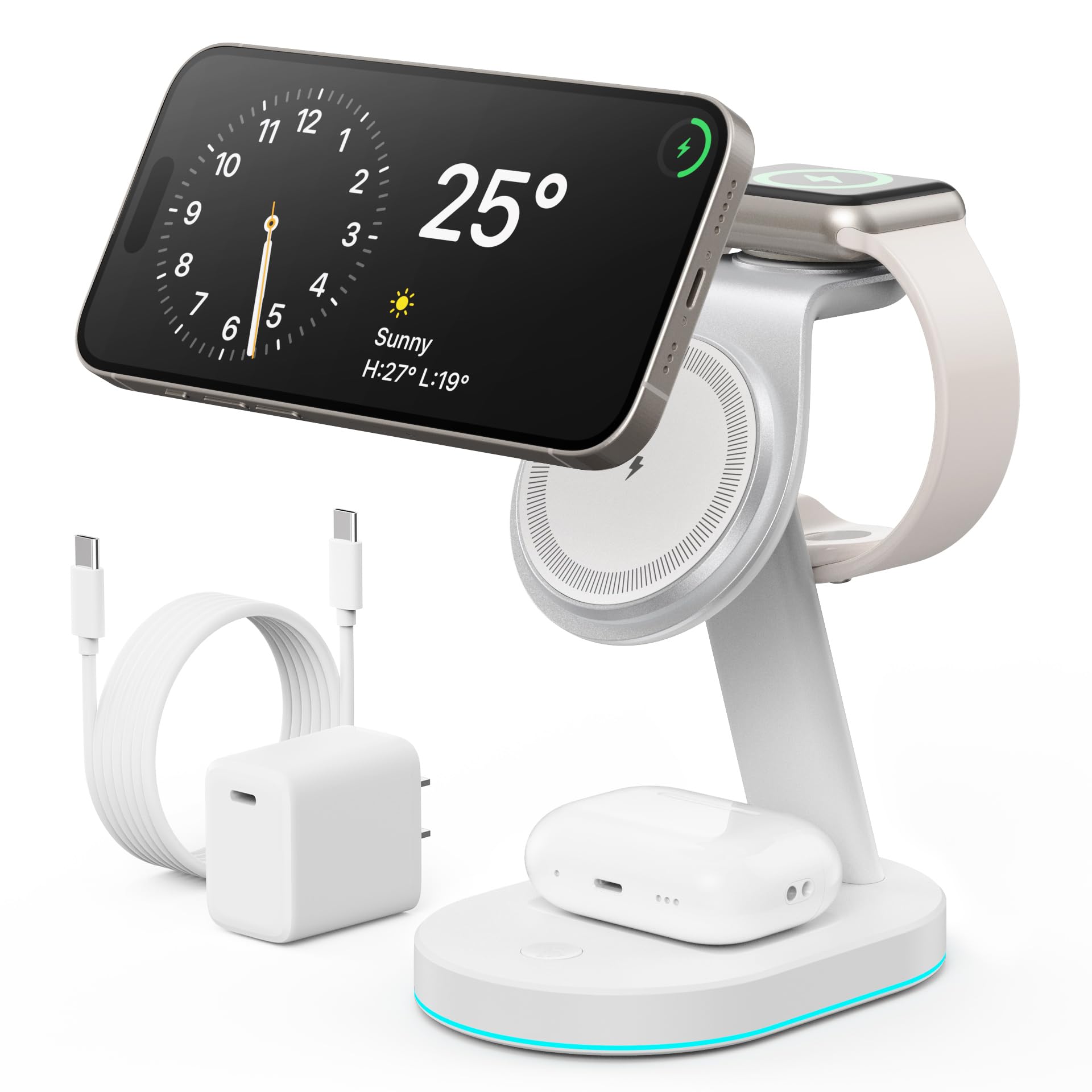 3 in 1 Wireless Charger Charging Station for iPhone,Qi2 Certified 15W Magnetic Charging Stand for Mag-Safe with 30W USB C Adapter&Friendly Night Light for iPhone 16/15/14/13/12,Apple Watch,AirPods