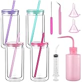 10 Pcs Snow Globe Tumbler Supplies 16oz Pre Drilled Double Wall Clear Cups Kit with Lid and Straw Squeeze Bottle Funnel Tweezer Bent Syringe for DIY Glitter Snow Globe Craft Gift (Colorful)