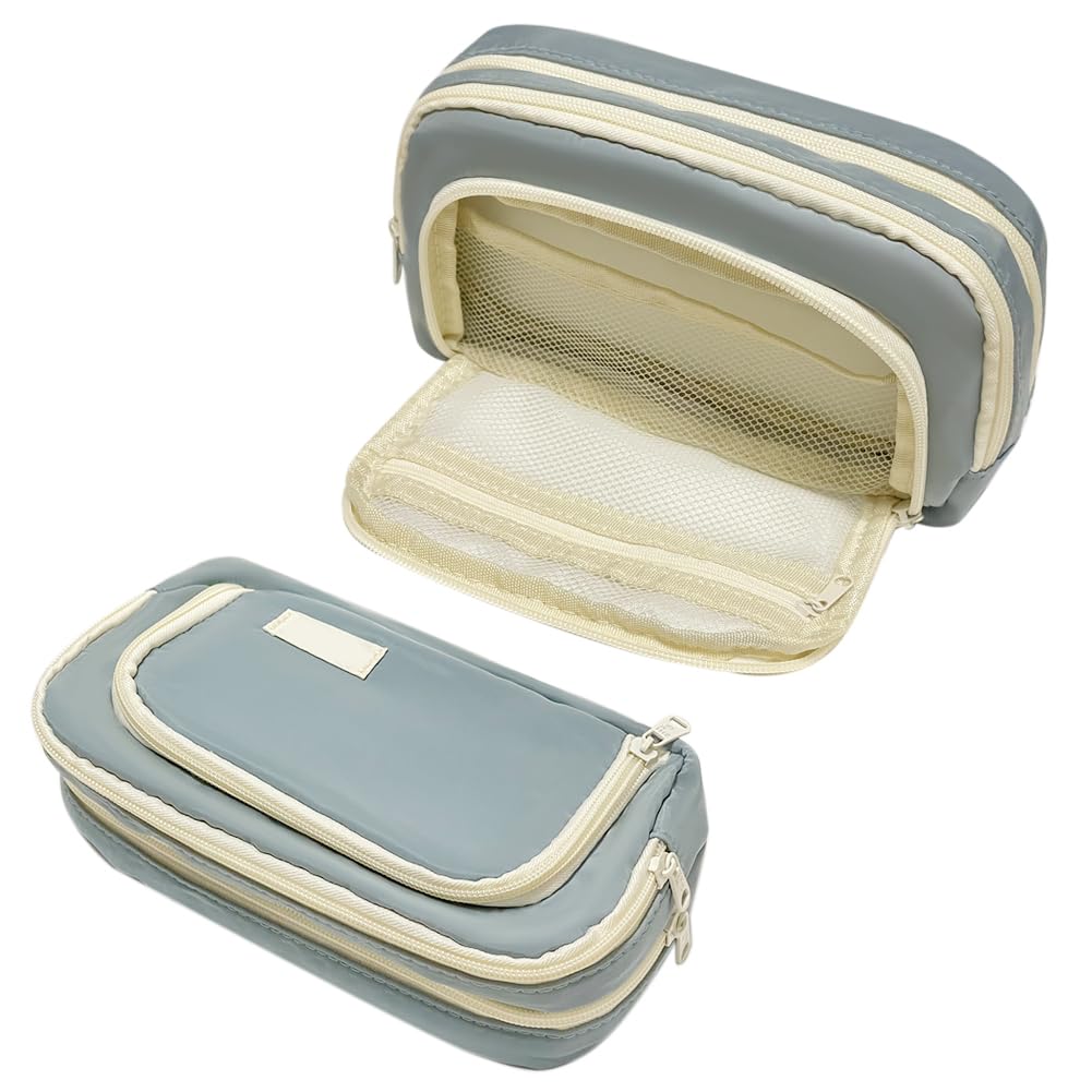 Liujiami Pencil Case Large Capacity 3 Compartments School Student Stationery Organiser for Kids Adults Office Makeup Cosmetic Bag Blue