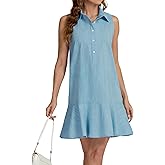 YEXPINE Women‘s Sleeveless Shirt Dress Ruffle Hem Cotton Tunic Tank Dress Button Up Swing Shift Mini Dresses