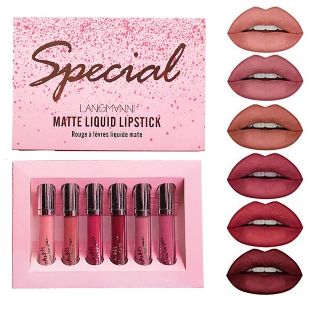 6 Colors Matte Lipstick Set Velvety Liquid Lipstick Kit Waterproof Long Lasting Durable Nude Lipgloss Set Red Sexy Non-stick Cup Lips Makeup Set