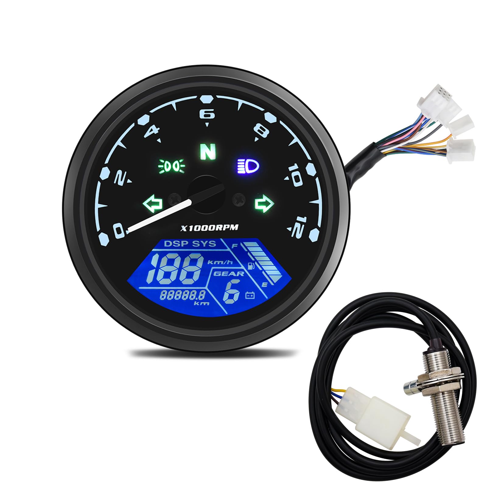 Geloo Motorcycle Speedometer Digital Speedometer Odometer Tachometer 12000RPM 199 KMH MPH Universal for 1,2,4 Cylinders with Multi-Function Indicator Light 12V