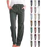 Linen Pants Women Casual Drawstring Pant High Waisted Cotton Linen Pants Straight Leg Lounge Trousers with Side Pockets
