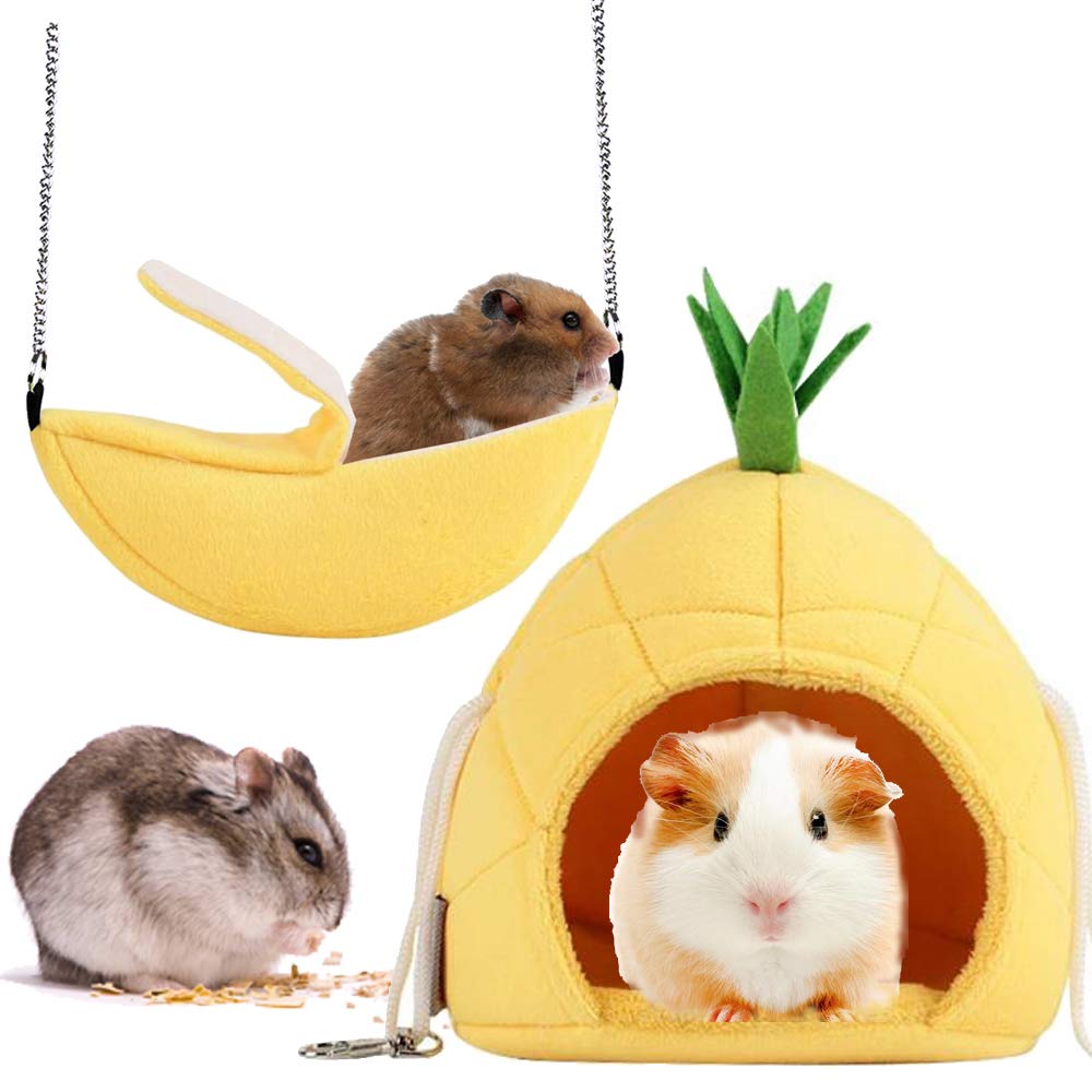 Banana Hamster Bed,Famhome House Hammock Small Animal Bed House Cage Nest Hamster Accessories (Pineapple-Banana-Yellow-2pcs)