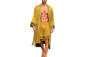 ChiaoLezhee Men's Luxury Silky Robe & Shorts Set, 2PC Lightweight Satin Pajamas with Pockets, Opulent Baroque Kimono Gifts
