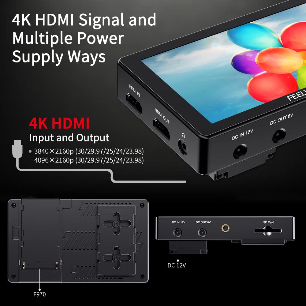 FEELWORLD LUT5 5.5 Inch 3000nits Ultra Bright DSLR Camera Field Monitor Auto Dimming Touchscreen HDR 3D LUT with Waveform F970 External Power and Install Kit 4K HDMI Input Output 1920X1080 IPS Panel