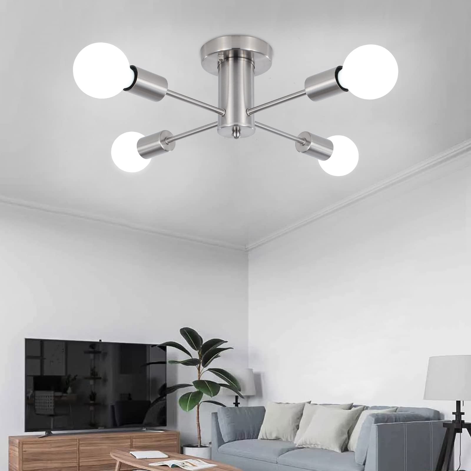 QAREHL Sputnik Ceiling Lights Living Room, 4 Lights Modern Chrome Ceiling Lights Mid Century Industrial Sputnik Chandelier for Bedroom, Kitchen, Dining Room, Hallway, Lounge