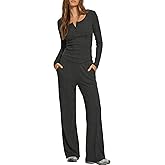 Darong Womens 2 Piece Matching Lounge Sets 2026 Long Sleeve Henley Shirts Wide Leg Pants Airport Travel Outfits