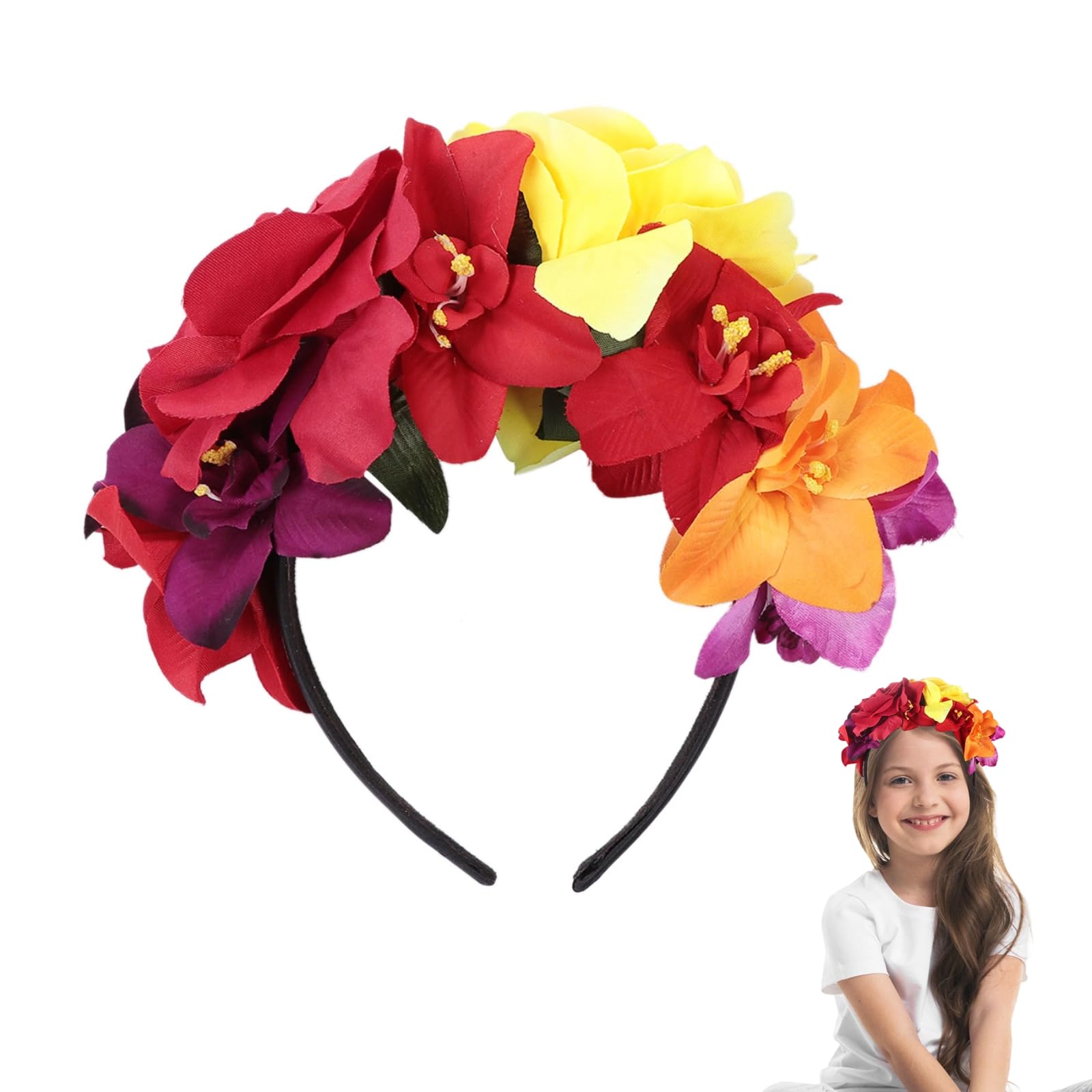 minkissy Halloween Roses Flower Hair Bands Day of The Dead Headband Halloween Headdress Mexican Headband for Women Girls (Red Yellow)