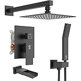 SR SUN RISE 12 Inches Bathtub Shower Faucet Set All Metal Shower System with Tub Spout 1.8GPM Square Shower Head and Handheld Sprayer Shower Fixtures, Modern Valve and Trim Kit, Matte Black
