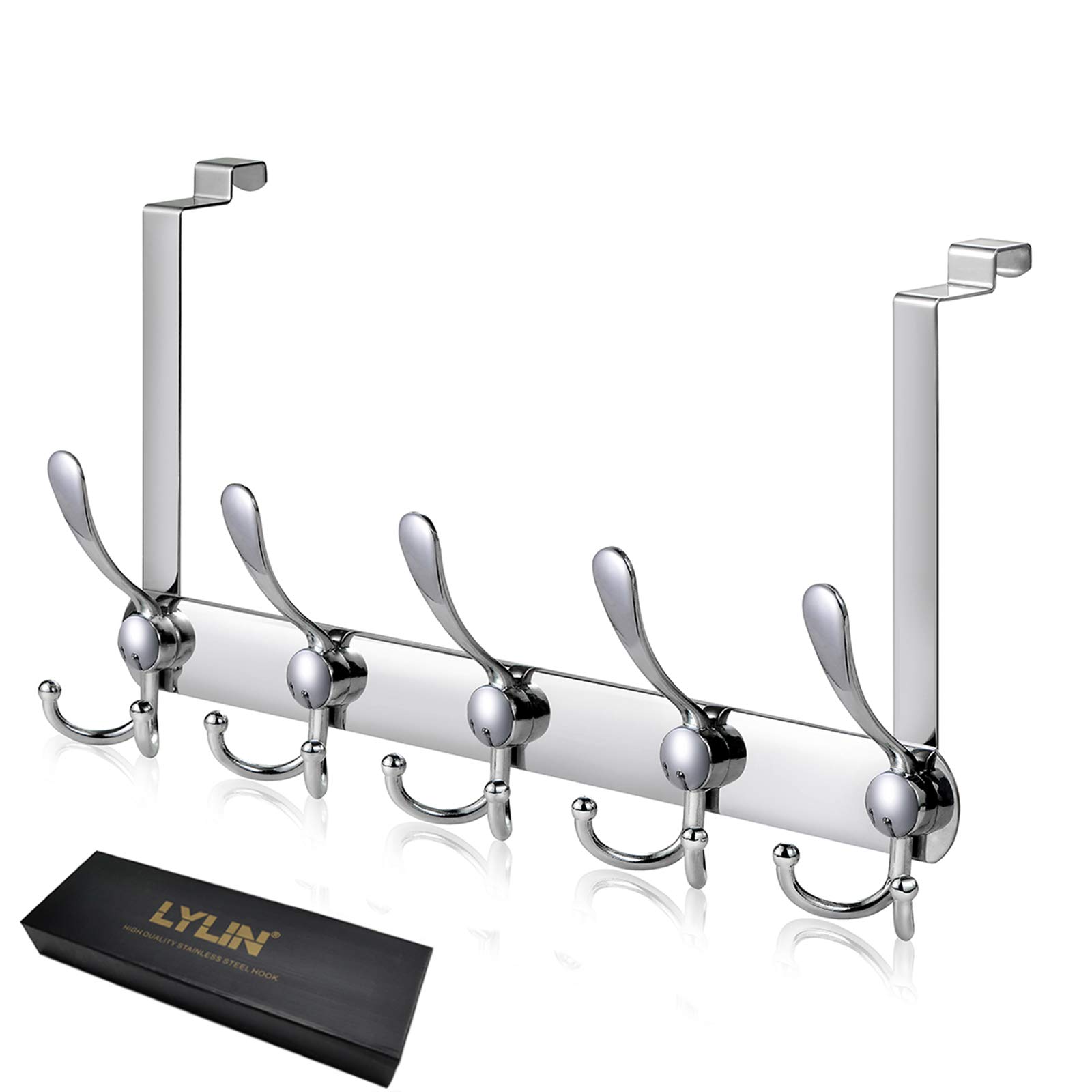 Over Door Hooks, LYLIN Stainless Steel Hangers for Door with 15 Hooks for Back Side, Heavy Duty Storage Rack Wall Hanger for Coat, Clothes, Towel, Bag, Robe (Silver)