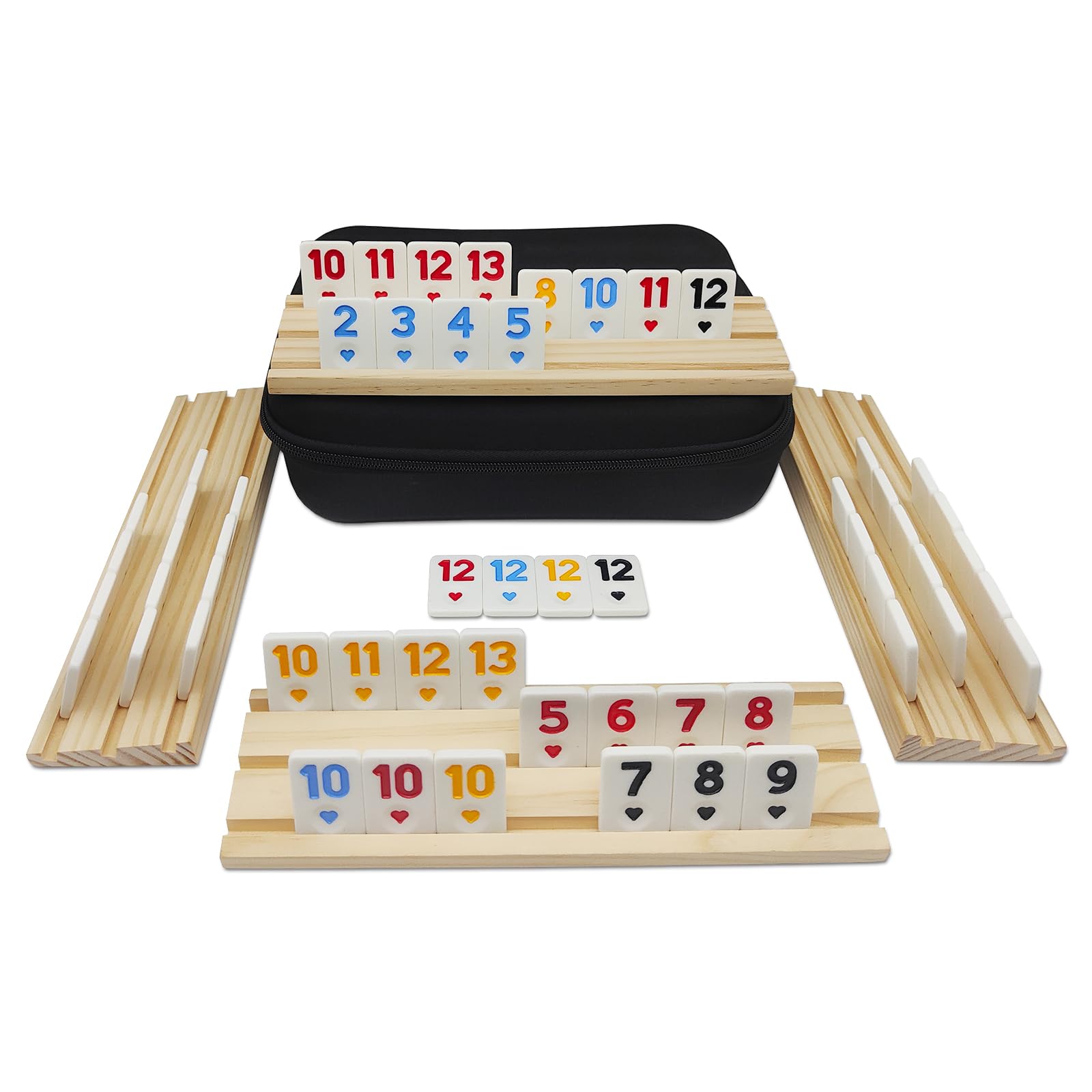 Photo 1 of Rummy Cube Game with 4 Wooden Racks, 106 Rummy Tiles Game Set with Travel Case Rummy Cube Travel Set with 4 Tiles Holders for Family Game Night