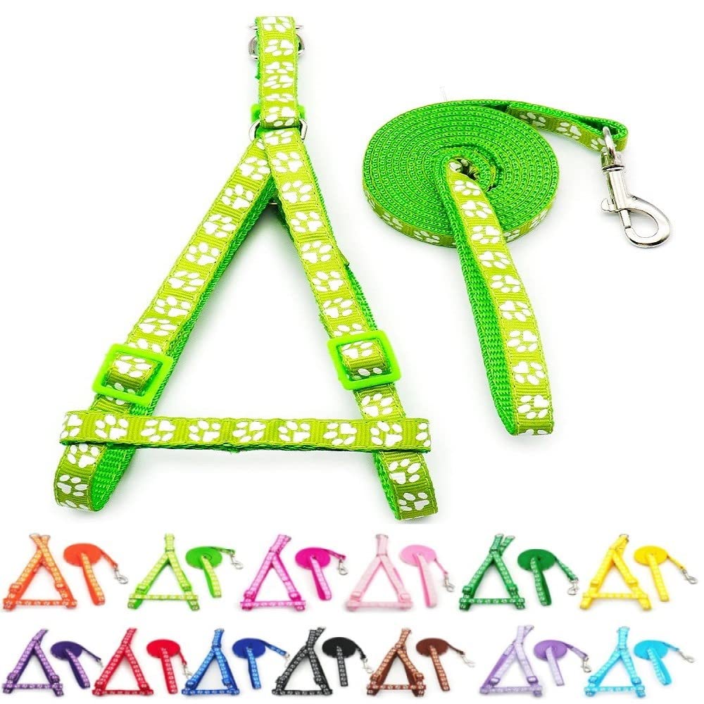 Small Dog Puppy Pet Cat Kitten Harness and Lead Set Pawprint Design Nylon Adjustable Chest Size 21-34cm and 120cm Leash Lime Green