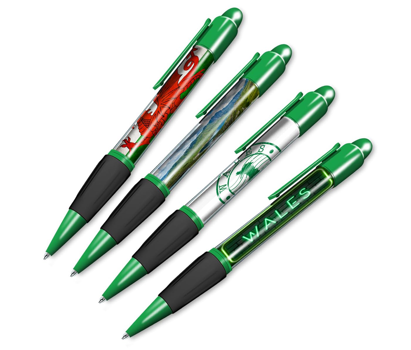 DV DESIGN Set of 4 Wales Green Ballpoint Pens - Welsh Flag UK GB Dragon Travel Holiday Hobby Boys Girls Men Women Theme Pen Black Ink #81365