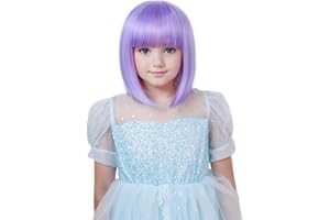 YTbeauty Kids Bob Wig with Bangs for Girls Purple Short Natural Straight Bob Wig for Cosplay Halloween Party Heat Resistant Synthetic Costume Child Wig with Wig Cap(Lavender Purple)