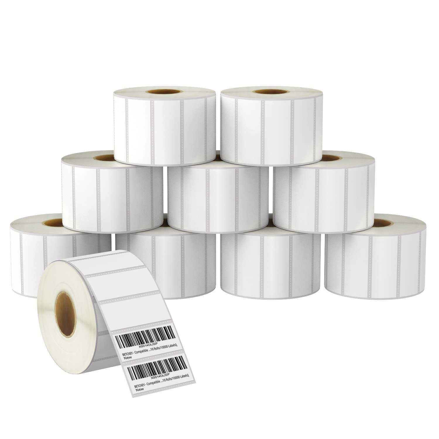 BETCKEY - 64mm x 25mm(2.5 in x 1 in) Multipurpose & Barcode Thermal Labels, 1380 Perforated Stickers per Roll Compatible with Zebra & More Printers [10 Roll/13800 Labels]