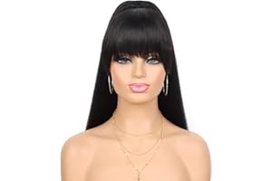 G&T WIG G&T Yaki Drawstring Ponytail Extension with Bangs - Long Yaki Straight Clip in Ponytails Extension for Black Women Synthetic Hairpiece for Daily Party Use (1B, 24 inch)