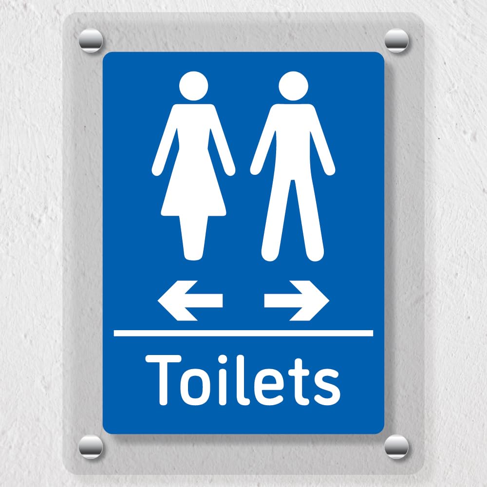 V Safety Toilets Arrows Women Left/Men Right Blue - 150 x 200 mm - Acrylic Perspex Cast Clear Safety Sign