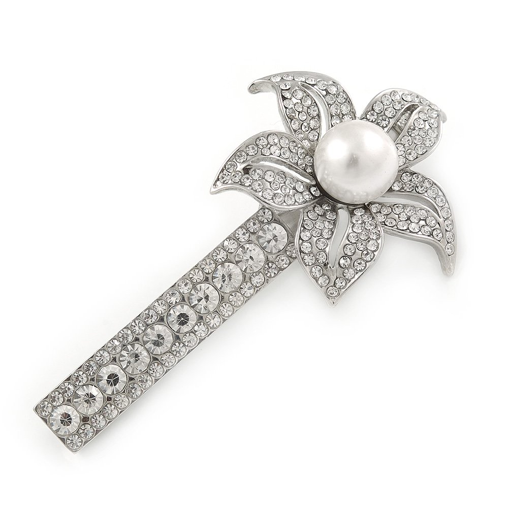 Large Glass Pearl, Clear Crystal Flower Hair Beak Clip/Concord Clip In Rhodium Plating - 85mm L