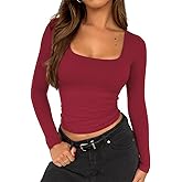 ForeFair Women Square Neck Long Sleeve Going Out Tops Tight Double Lined Basic Tees Shirt