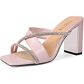 YYBYYB Women's Rhinestone Chunky Heels Square Open Toe Slip On Mules Summer Wedding Party Dress Shoes