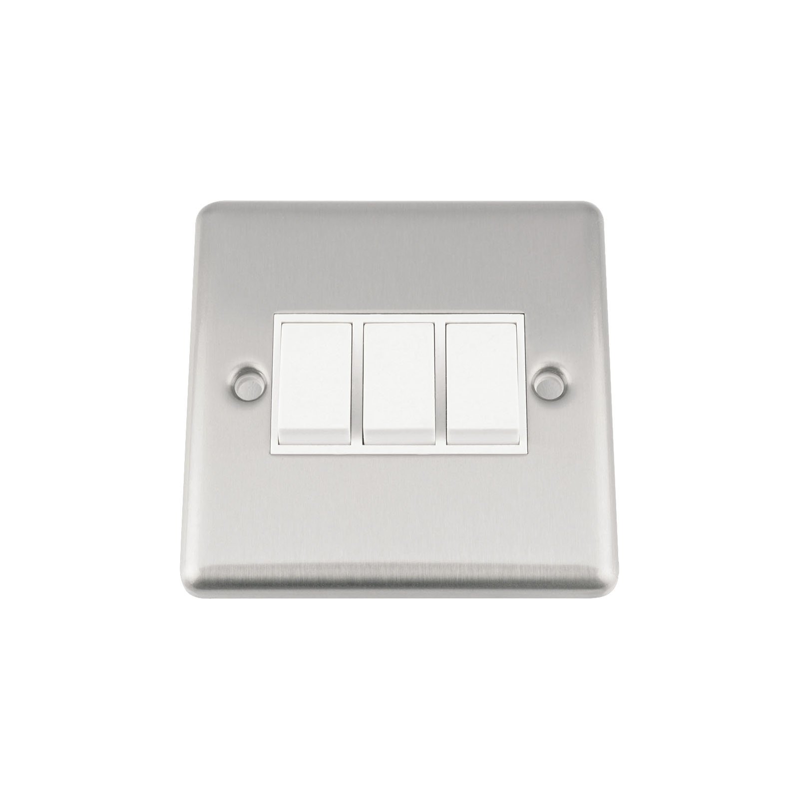 A5 Light Switch - Triple 3 Gang 2 Way - Satin Brushed Chrome - Classic Style White Insert Plastic Rocker Switch