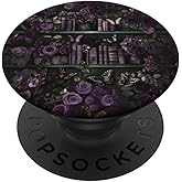 Enchanted Book Nook Designs Dark Fantasy Bookshelf Goth Purple Roses and Butterflies Art PopSockets Adhesive PopGrip